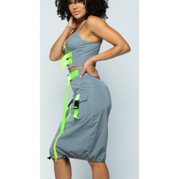 CAPSULLE Y2K Style Reflective High-Waist Midi Skirt With Neon Straps K - Picture 2 of 16